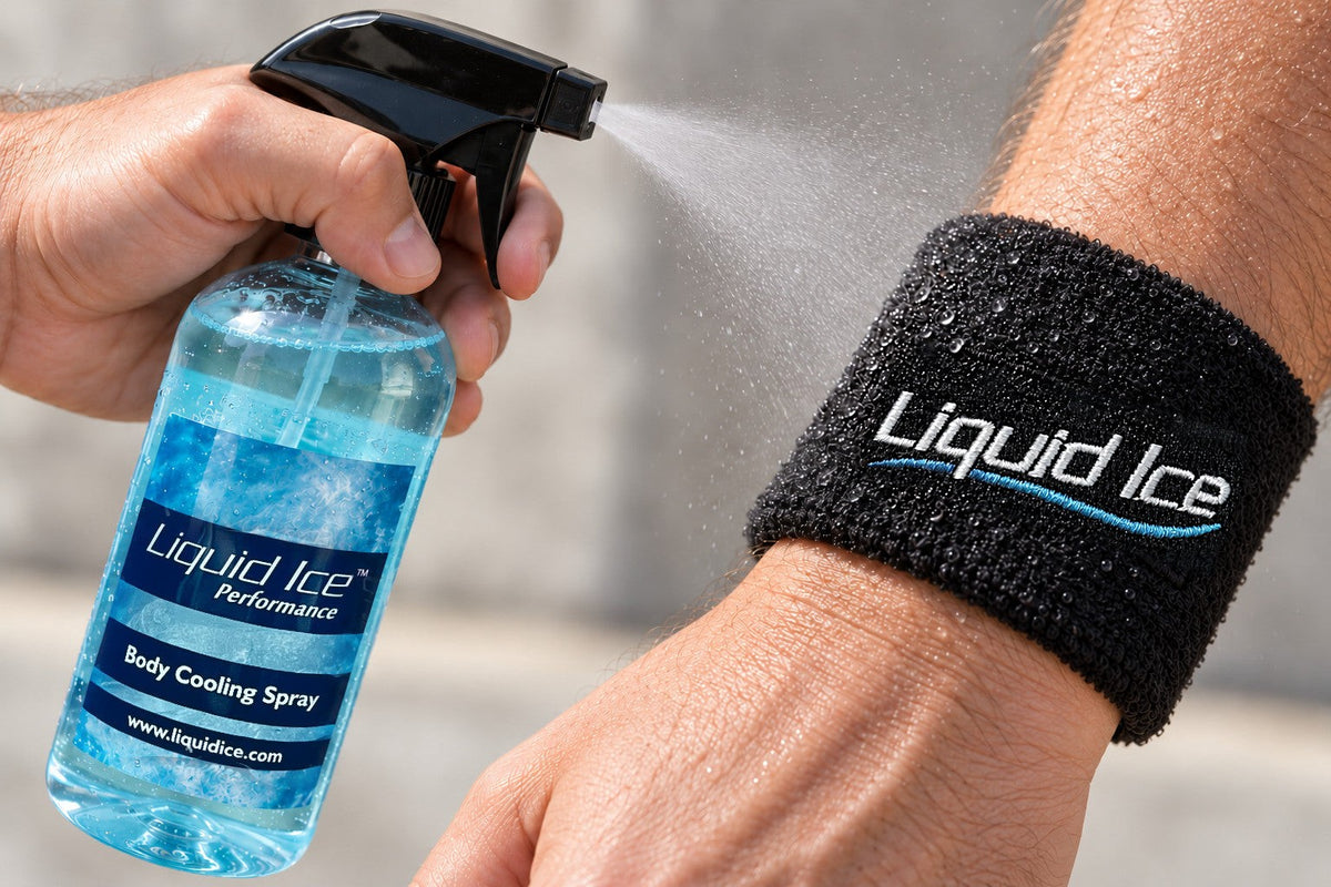 Liquid Ice being sprayed onto a black terry band