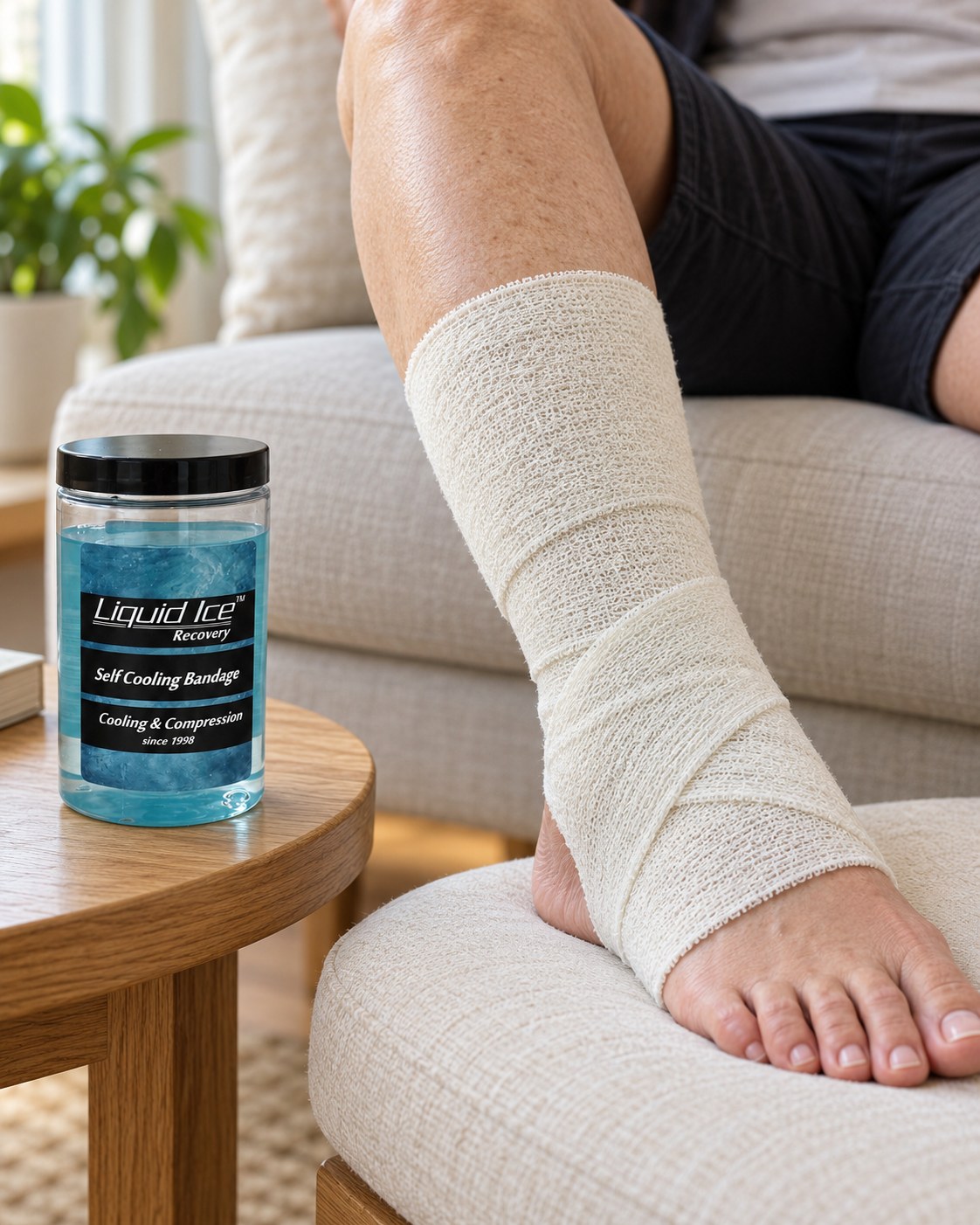 Die Self Cooling Bandage am Sprunggelenk, daneben die Dose Liquid Ice