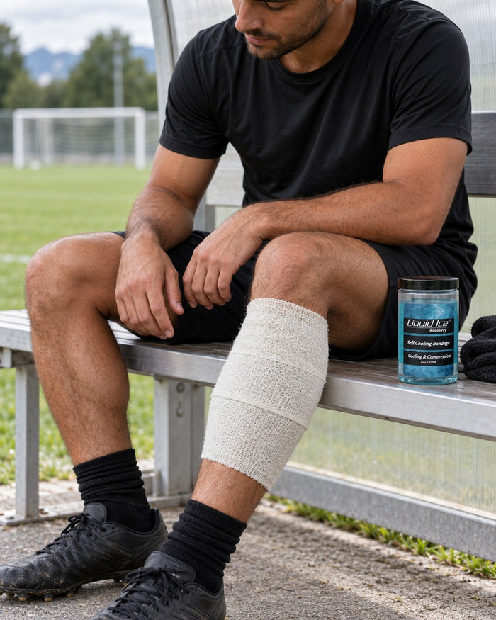 On the team bench: the Self Cooling Bandage on a player’s shin, the can of Liquid Ice beside it