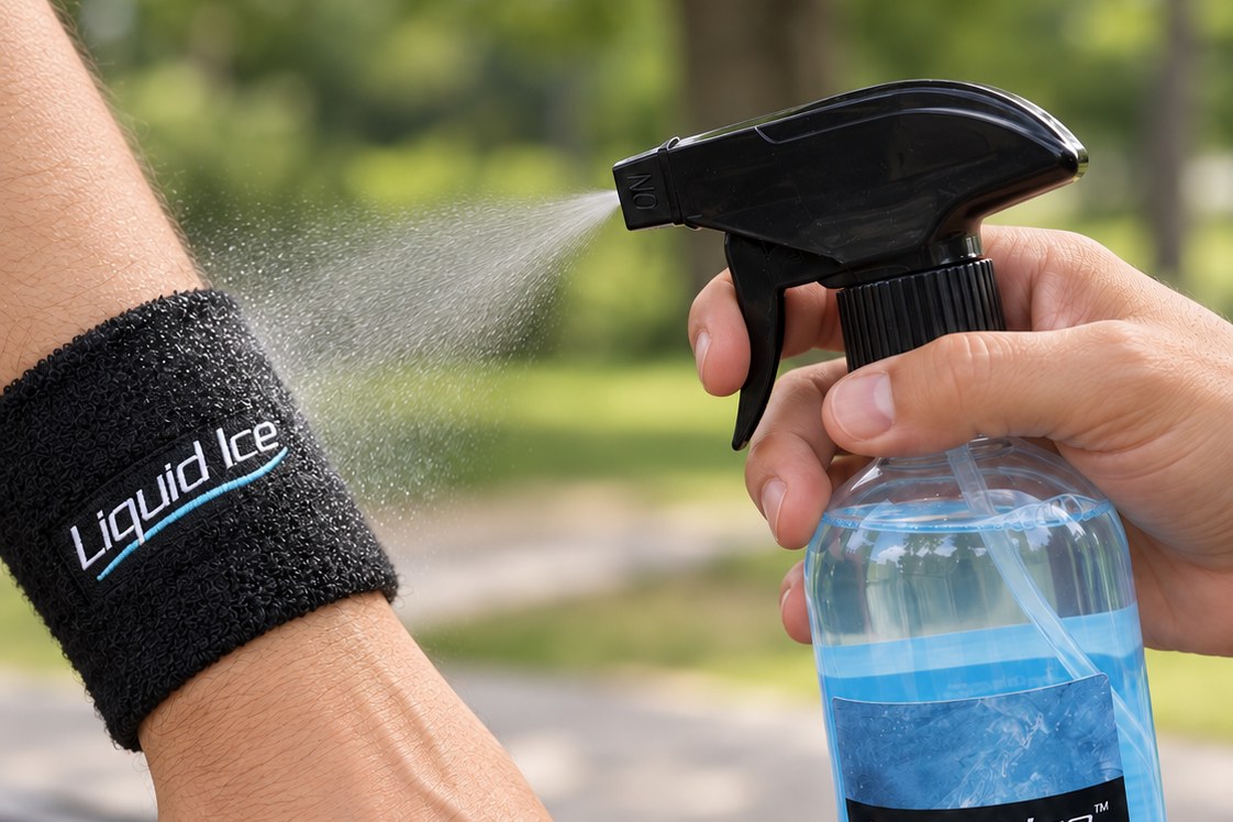 Liquid Ice wird auf ein schwarzes Frottee-Band gesprüht