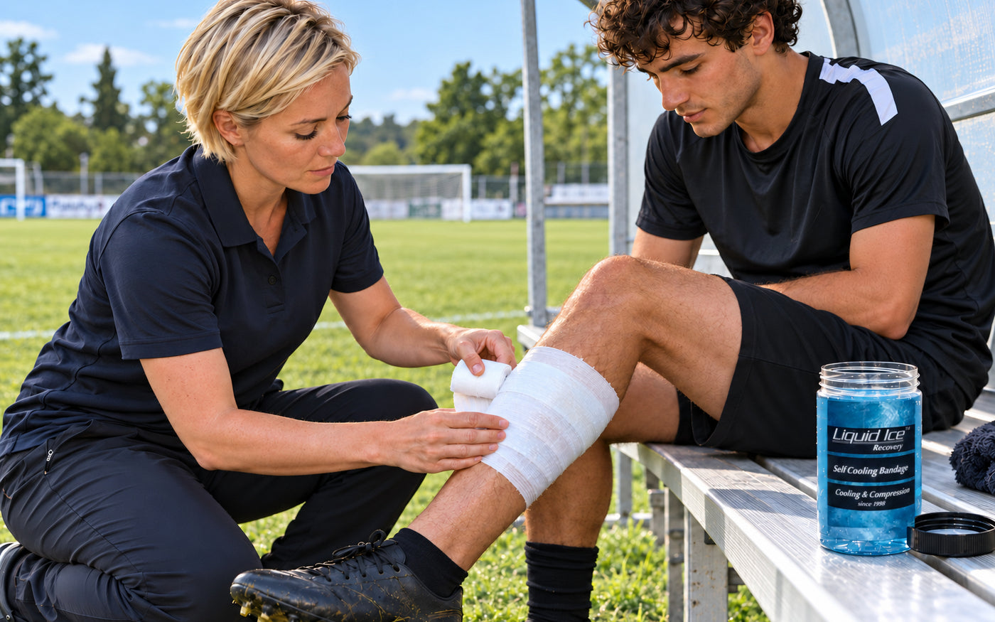 Am Spielfeldrand: Eine Bandage wird am Schienbein eines Spielers angelegt, daneben die Dose mit Liquid Ice