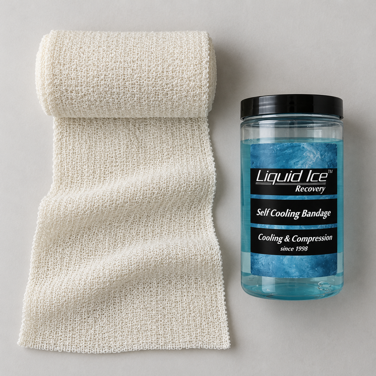 Self Cooling Bandage unrolled next to the Liquid Ice can
