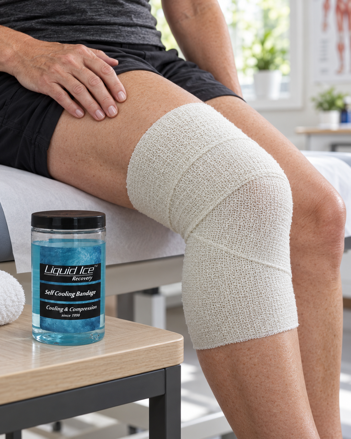 Self Cooling Bandage on the knee, the Liquid Ice can beside it