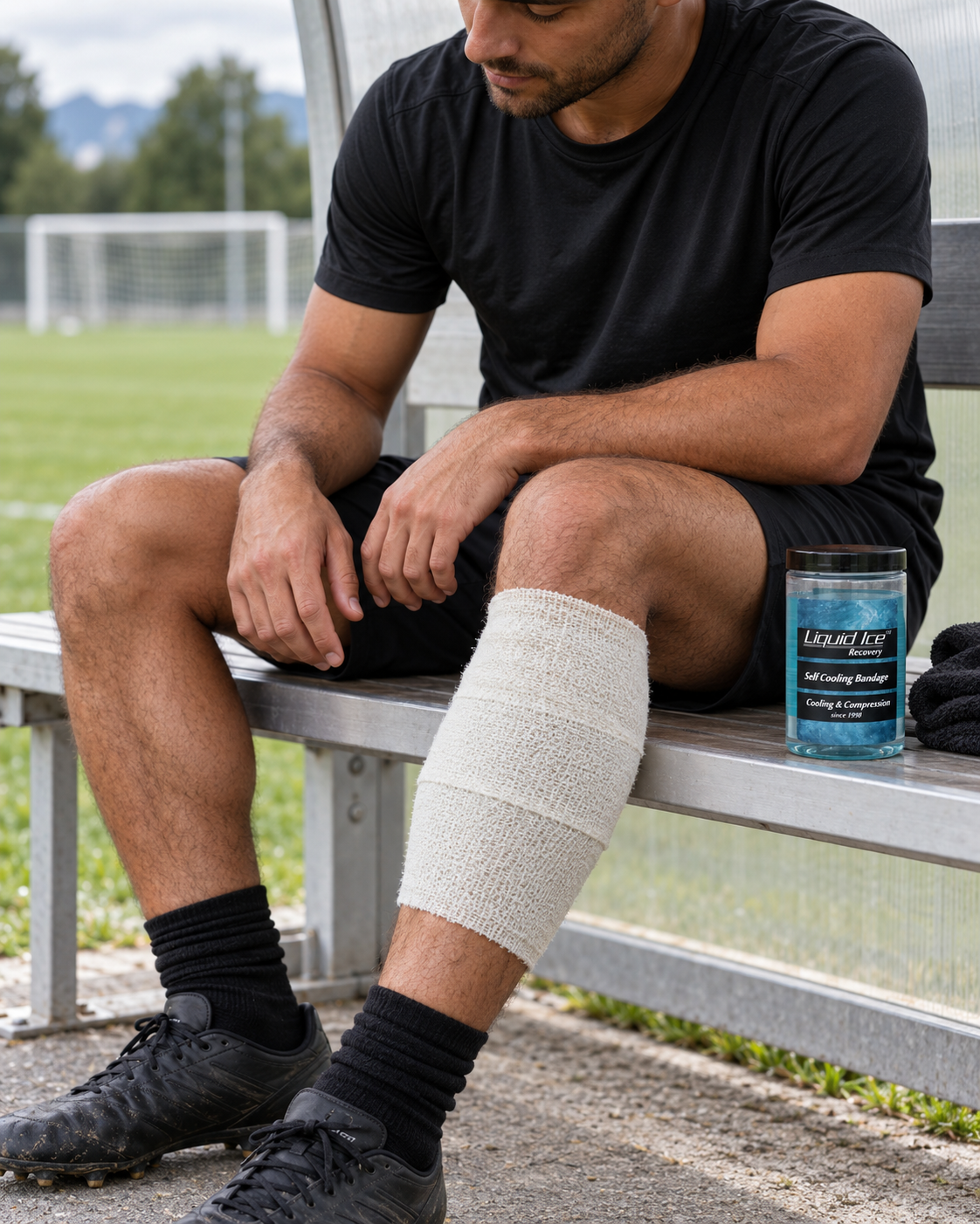 Self Cooling Bandage on the lower leg on the team bench