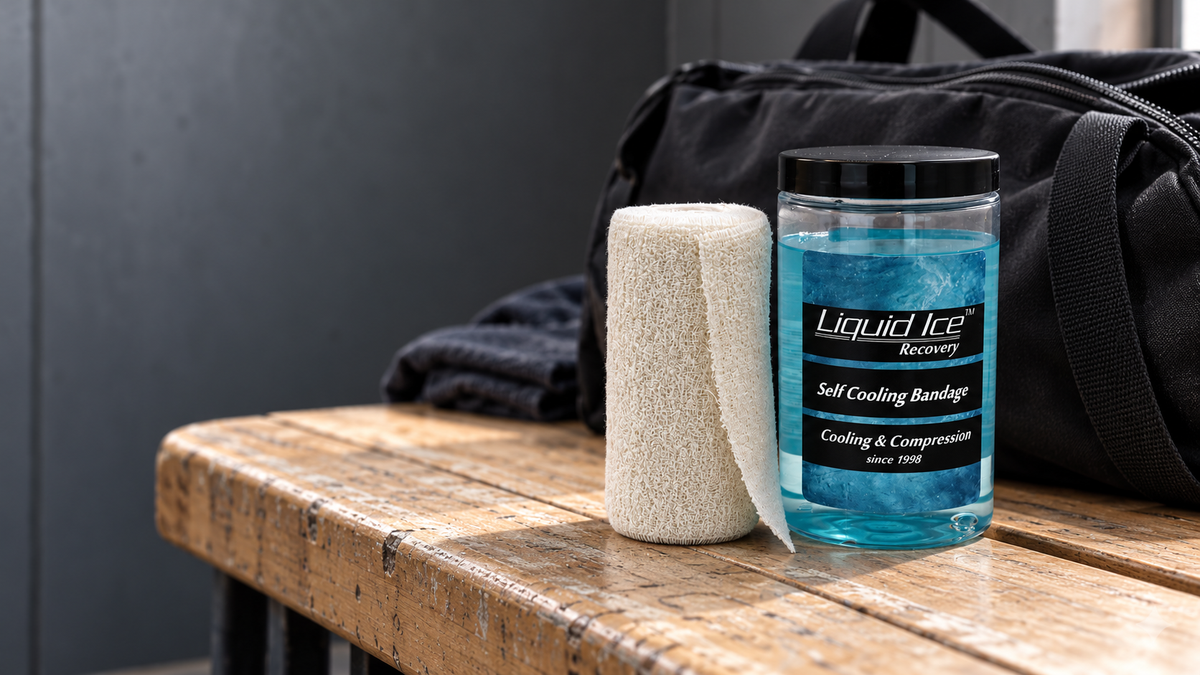 Liquid Ice can and bandage on a bench next to a sports bag