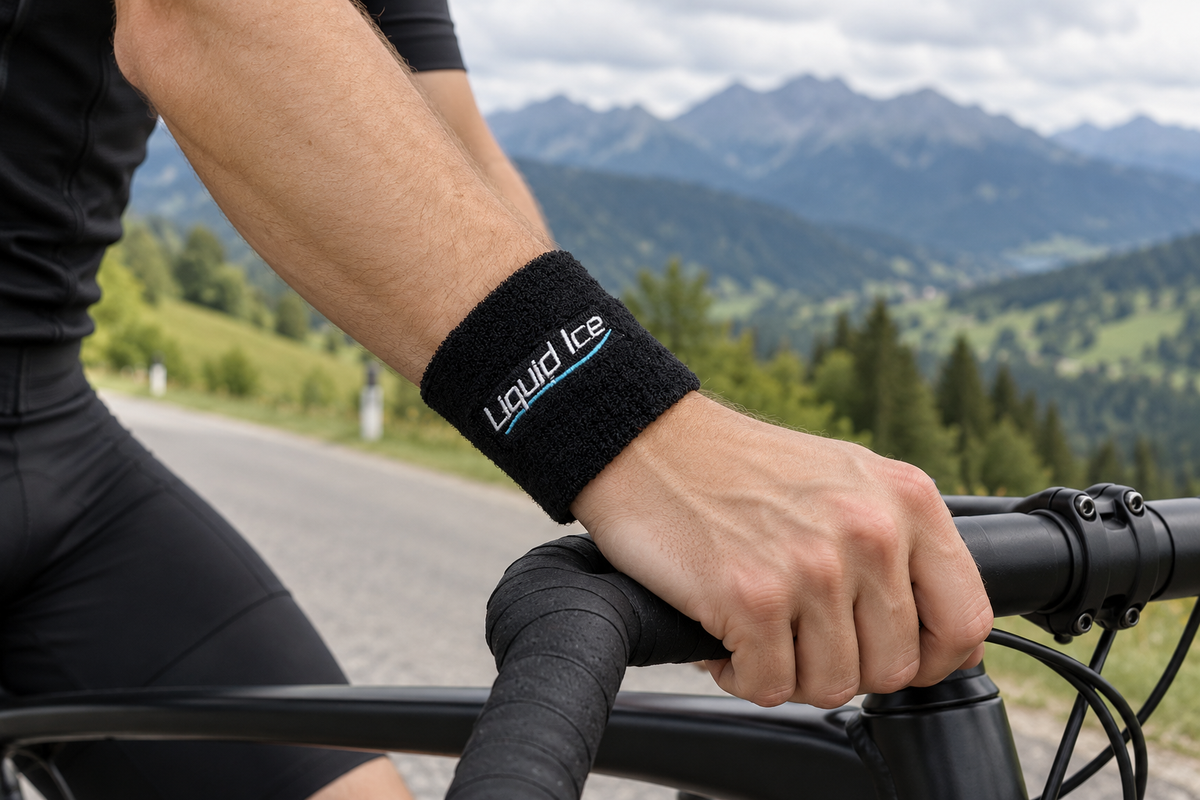 Radfahrer mit Liquid-Ice-Schweißband auf einer Bergstraße
