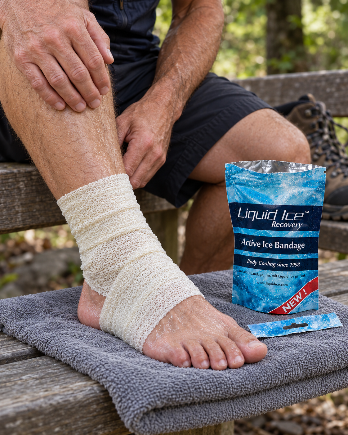 Active Ice Bandage am Sprunggelenk, daneben der geöffnete Beutel