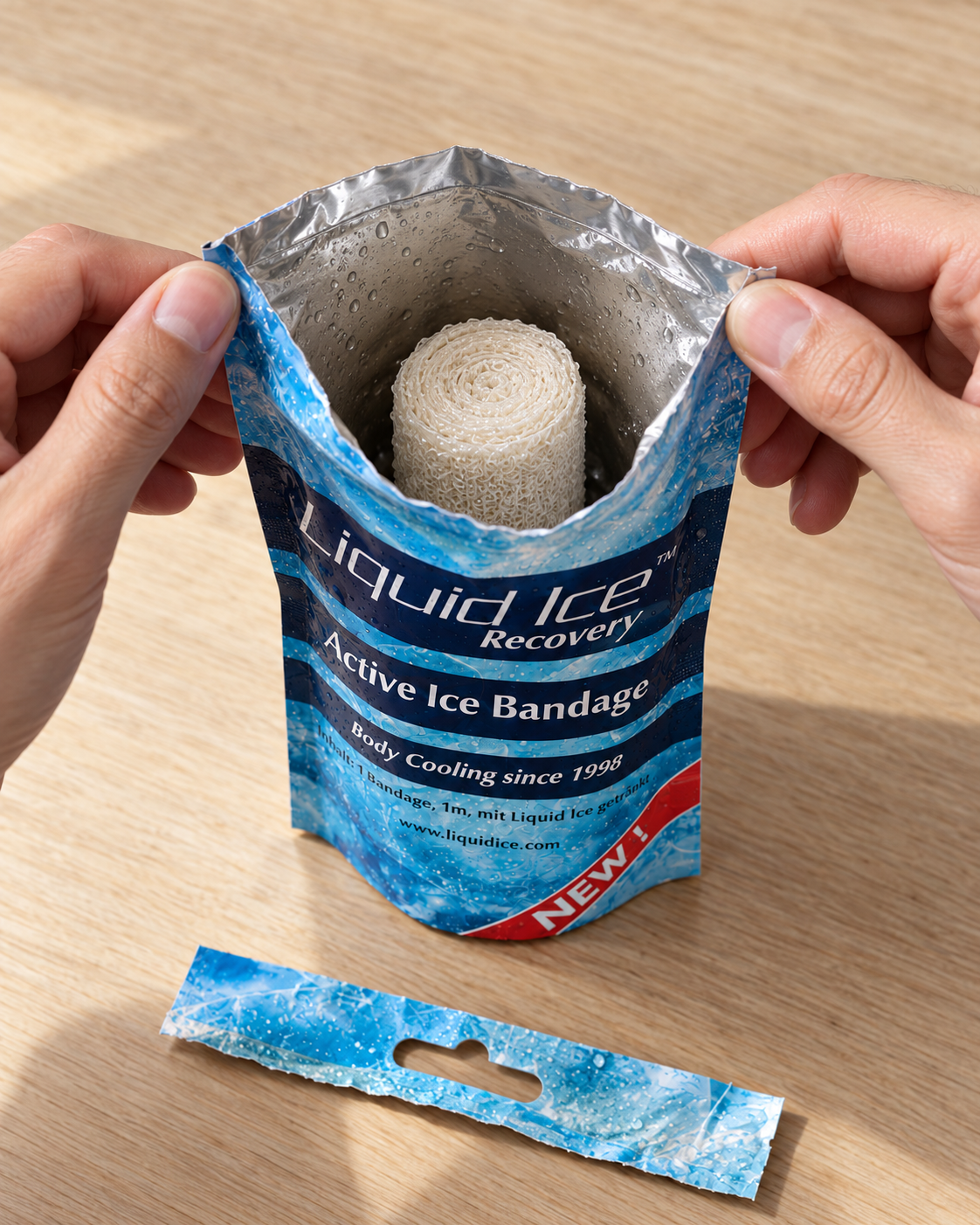 Die getränkte Active Ice Bandage im geöffneten Beutel