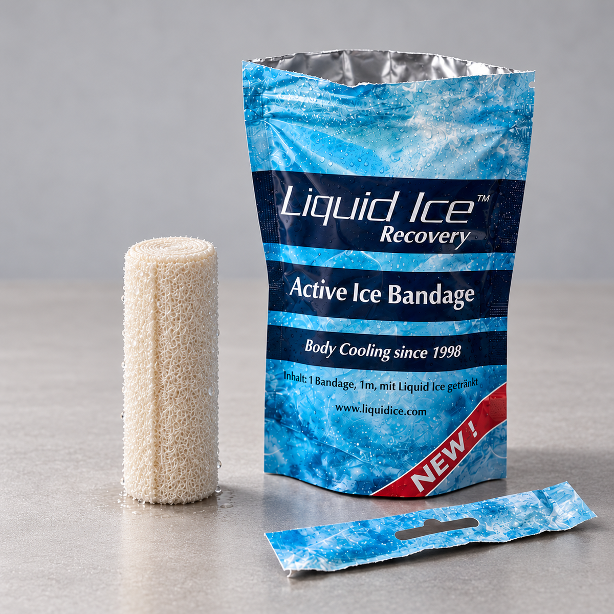 Active Ice Bandage: getränkte Rolle und geöffneter Beutel