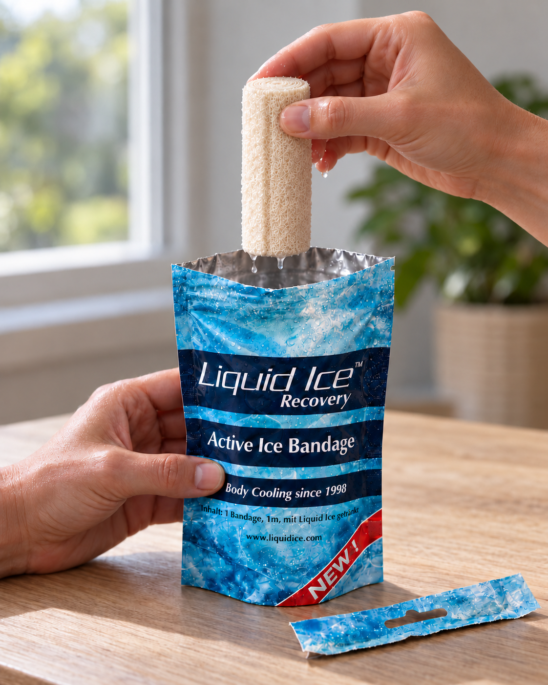 Die getränkte Bandage wird aus dem Beutel der Active Ice Bandage gehoben