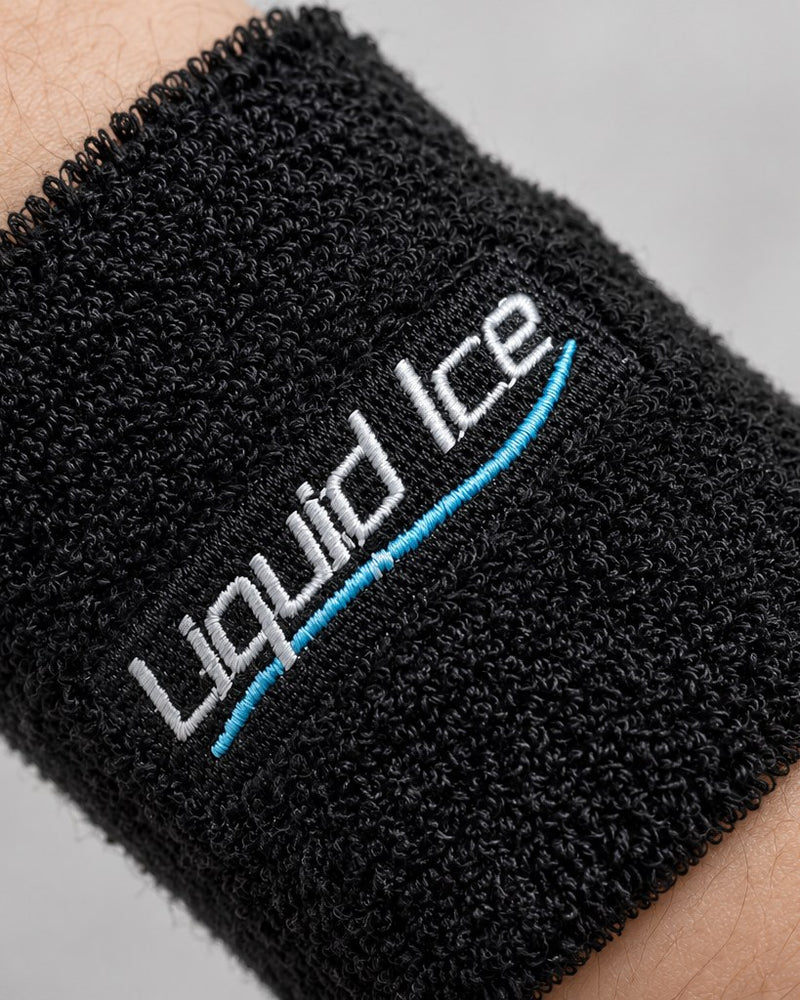 A black Liquid Ice wristband on a wrist
