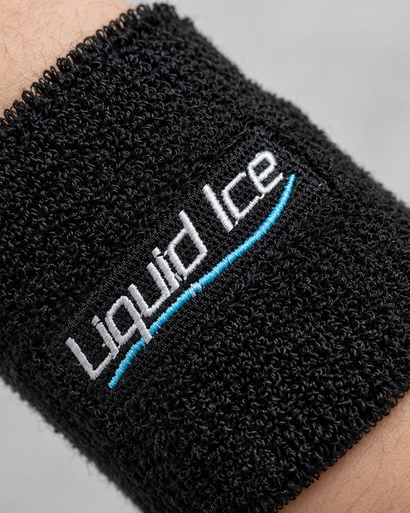 A black Liquid Ice wristband on a wrist