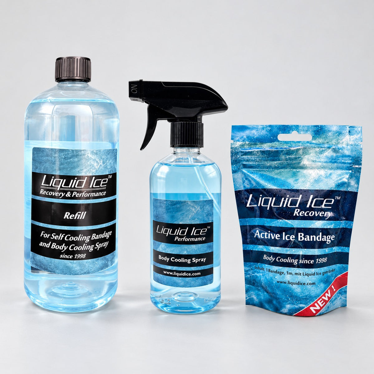 Das Komplett-Set: die Nachfüllflasche mit 1 Liter, Liquid Ice 500 ml mit Pumpsprüher und die Active Ice Bandage