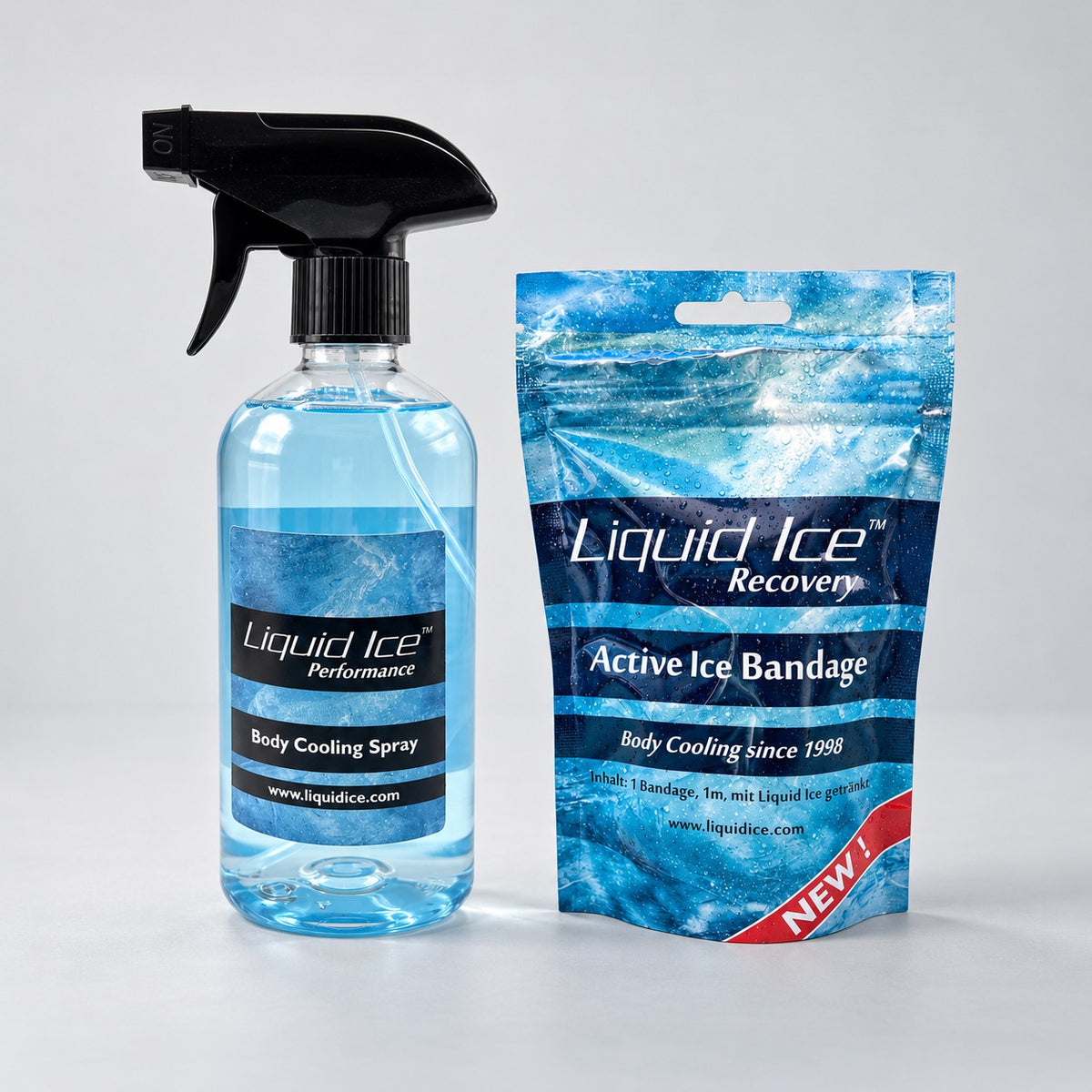 Das Starter-Set: Liquid Ice 500 ml mit Pumpsprüher und die Active Ice Bandage im Beutel