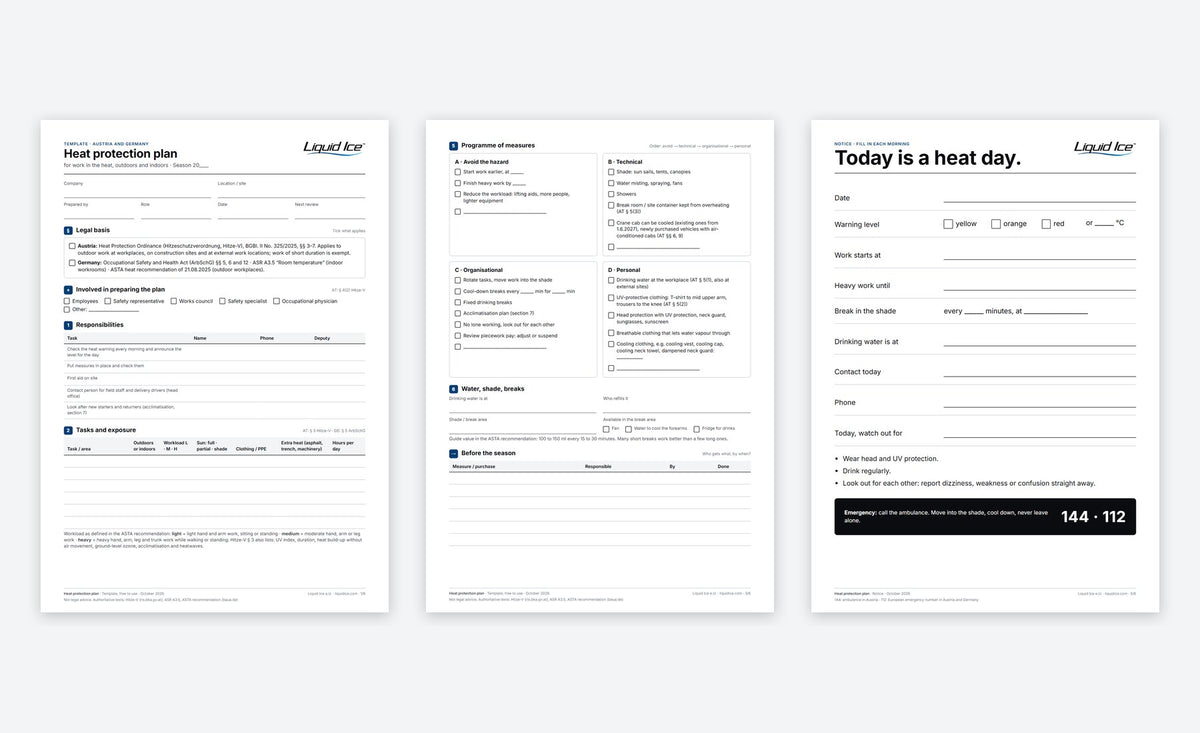 Preview of the heat protection plan template: page 1 with responsibilities, page 3 with the programme of measures, page 5 with the “Today is a heat day” notice