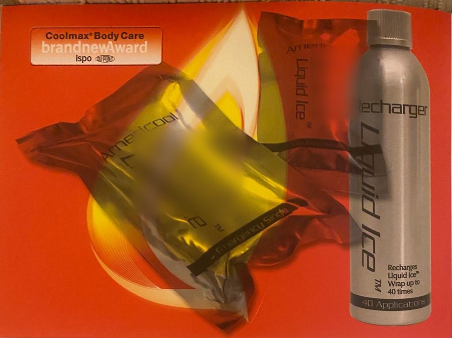 Seite aus dem ISPO-brandnew-Katalog 2002: Award-Plakette Coolmax Body Care und die Liquid-Ice-Produkte von 2002
