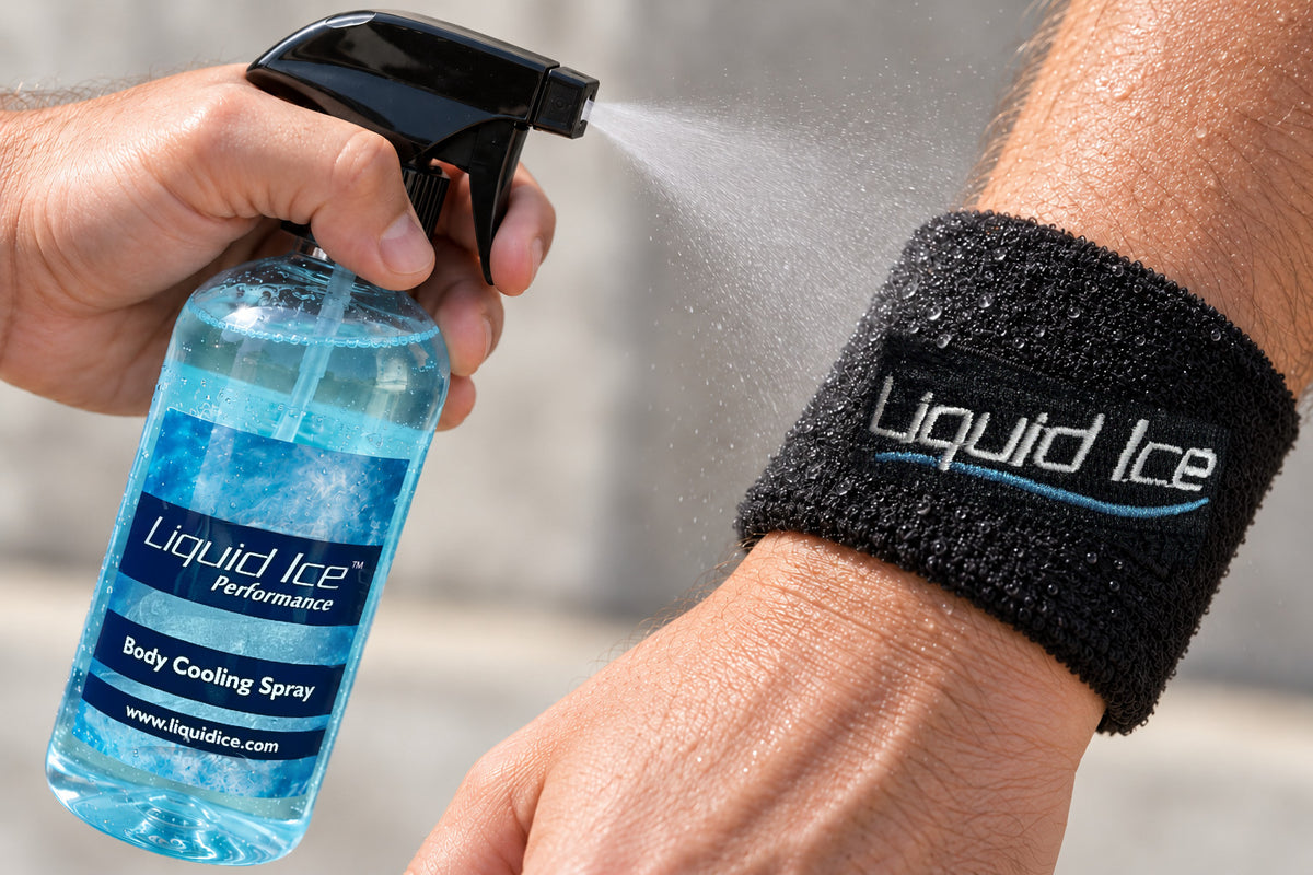 Liquid Ice being sprayed onto a black terry band