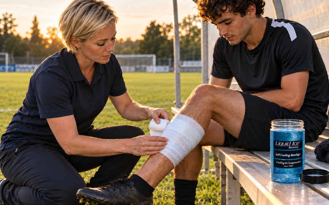 Am Spielfeldrand: Eine Bandage wird am Schienbein eines Spielers angelegt, daneben die Dose mit Liquid Ice