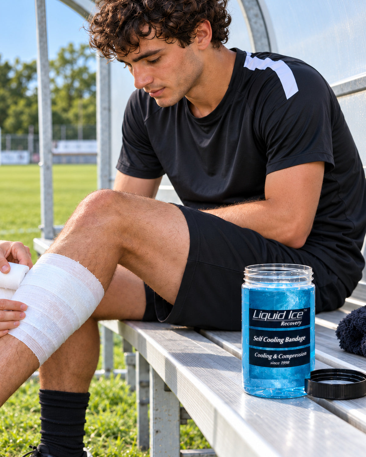 Am Spielfeldrand wird einem Spieler die Self Cooling Bandage ans Bein gelegt, die Dose Liquid Ice daneben